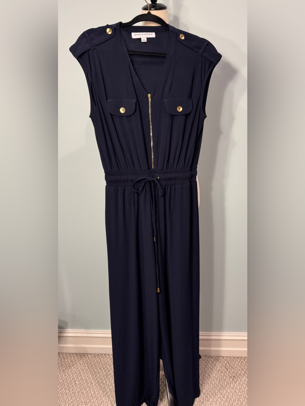 Emma & Michele Navy Sleeveless Zip-Front Jumpsuit with Gold Buttons